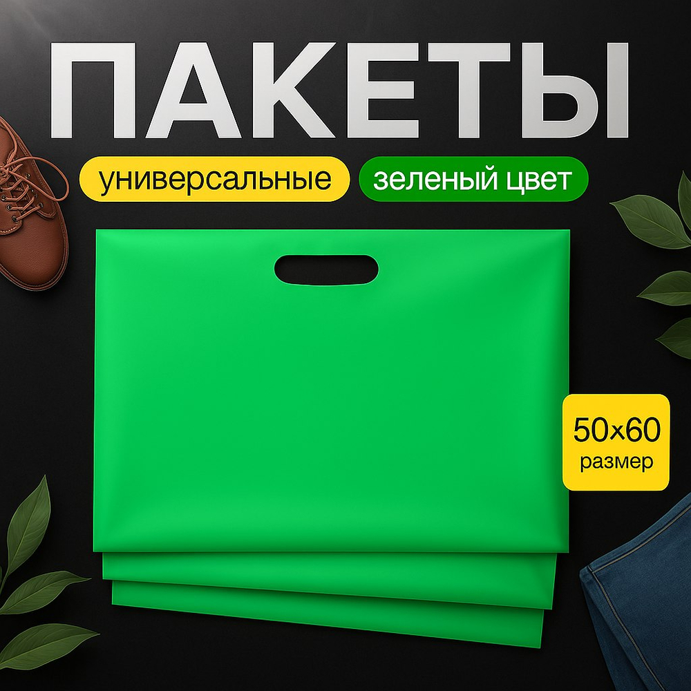 Пакет полиэтиленовый зелёный 50х60 см, 70 мкм, с вырубными ручками