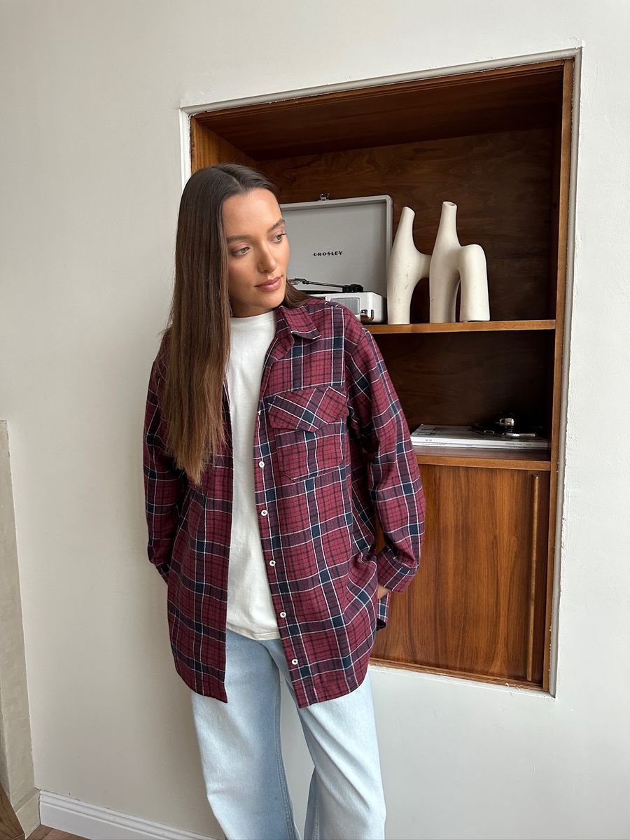 Рубашка из хлопка оверсайз в клетку бордовая