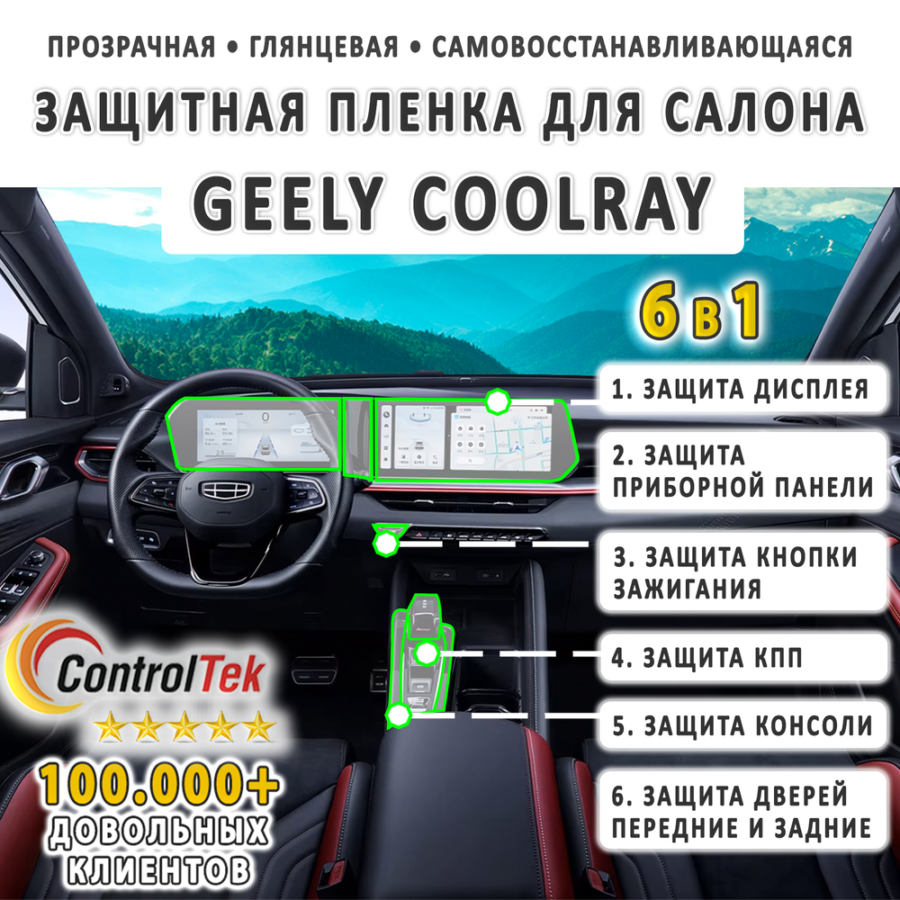 Geely Coolray (2023) - комплект защитных пленок 6 в 1. Пленка защитная ControlTek HYBRID со слоем TOP COAT. Толщина: 6 mil. (175 мкм.)