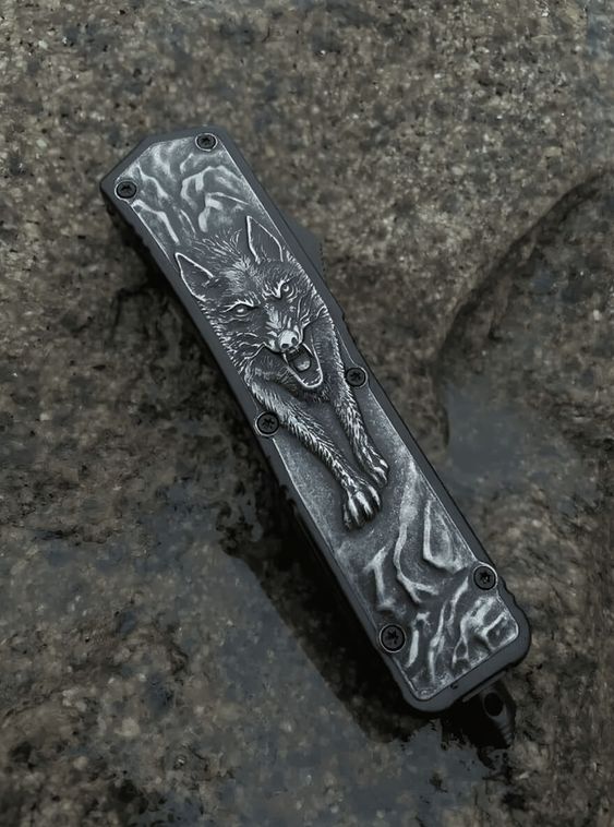 Тактический складной нож фронтально-выкидной автоматический Черно-серый 3D