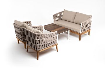 "Диего" лаунж-зона 4-местная плетеная из роупа со столиком "Канны" цвета "дуб", основание дуб, роуп бежевый