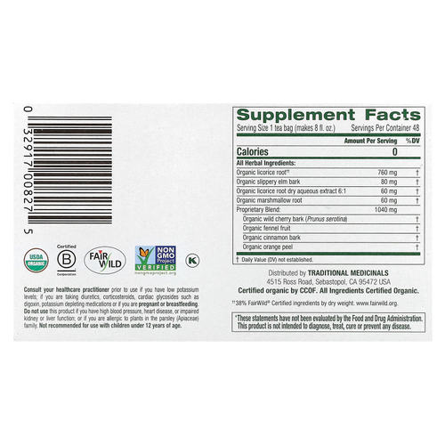 Traditional Medicinals, Organic Throat Coat®, Original со скользким вязом, без кофеина, 48 чайных пакетиков в упаковке, 96 г (3,38 унции)