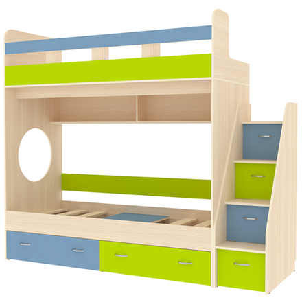 Двухъярусная кровать КарИВи Юниор 1 80x160  Дуб Молочный Голубой, Лайм
