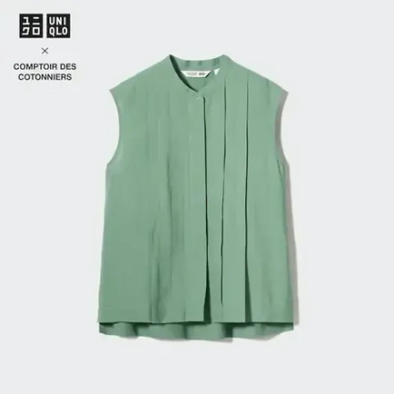 UNIQLO БЛУЗКА БЕЗ РУКАВОВ ИЗ ЛЬНЯНОЙ СМЕСИ, ЗЕЛЕНЫЙ