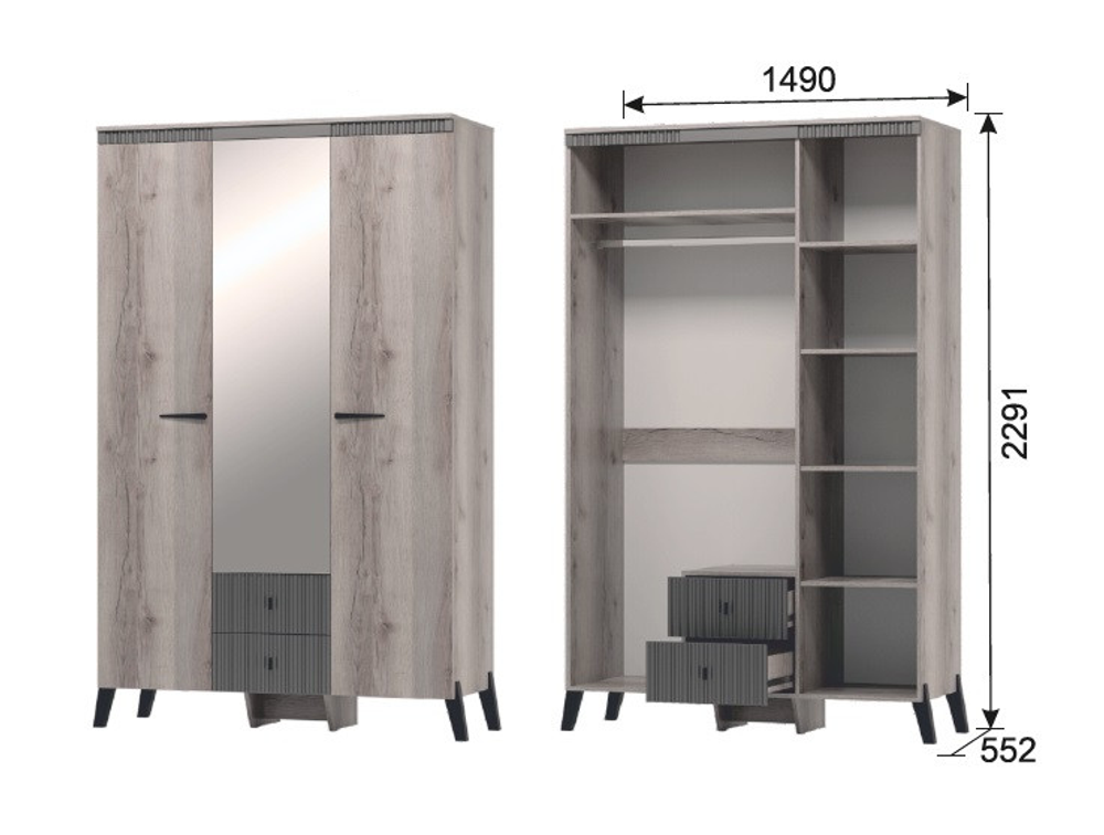 Шкаф 3-х дверн с ножками Ольга-3 Дуб делано серый/сильвер Пэлас