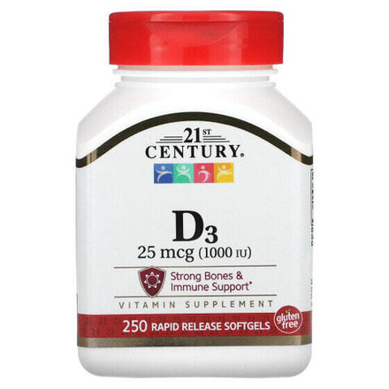 Витамин D 21st Century, Витамин D3, 25 мкг (1000 МЕ), 250 мягких таблеток с быстрым высвобождением