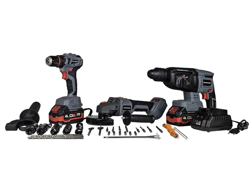 Аккумуляторный бесщеточный НАБОР 3в1 PROFIPOWER ProfiSet-3E18 (Li-ion-2шт, 4Ач, З/У, кейс, E0080,T0056, T0058)