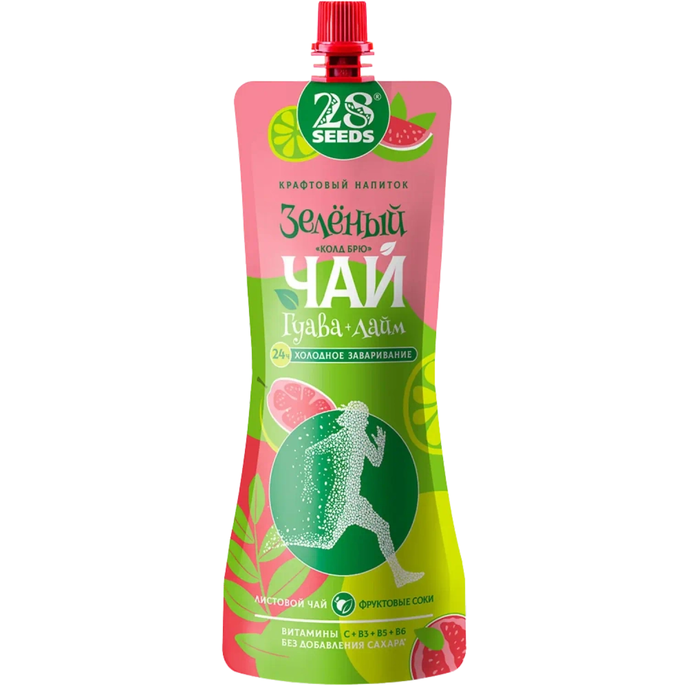 Зеленый чай «Колд брю» Гуава и Лайм 28SEEDS, 250 мл, холодный чай в дой-паке, вид спереди
