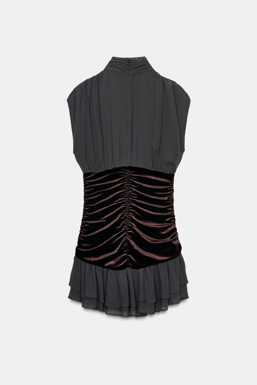 ZARA КОРОТКОЕ ПЛАТЬЕ С ВОЛАНАМИ ИЗ БАРХАТА, ТЕМНЫЙ СВИНЕЦ