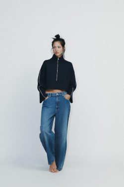 ZARA УКОРОЧЕННАЯ ТОЛСТОВКА С ОКАНТОВКОЙ, МОРСКОЙ СИНИЙ