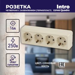Розетка Intro Quadro 2-208-02 с заземлением четырехместная 4х2P+E, 16А-250В, IP20, ОУ, слоновая кость