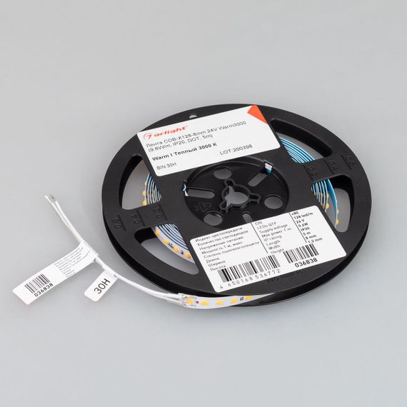 Светодиодная лента Arlight 9,6W/m 128LED/m COB теплый белый 5M COB-X128-8mm 24V Warm3000 036838