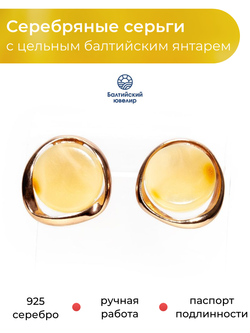 Серьги-пусеты из позолоченного серебра 925 с цельным пейзажным янтарем. Калининградский янтарь серьги