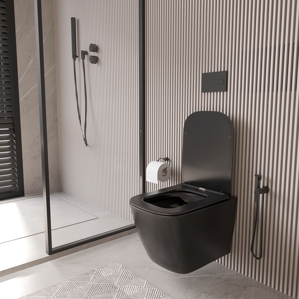 Унитаз подвесной безободковый WAVE QUADRO сид. дюропласт, м/л, быстр, ЧЕРНЫЙ матовый (XL)