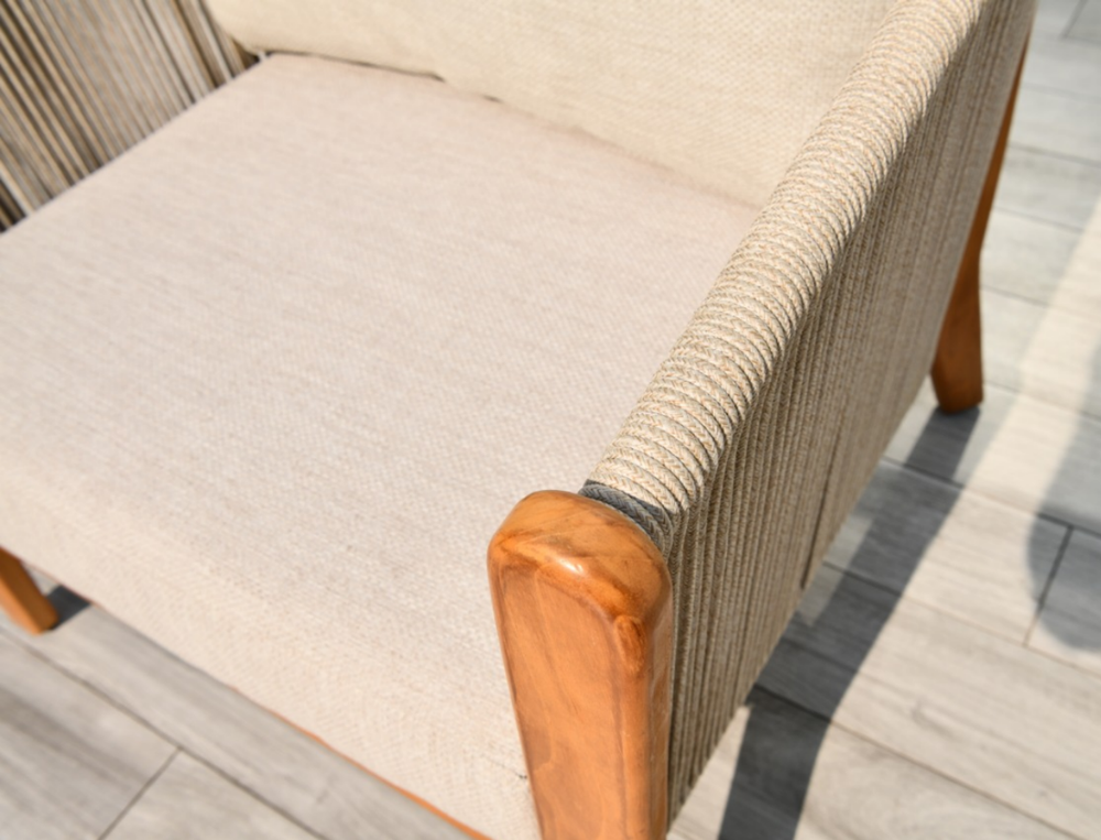 "Сидней" кресло плетеное из роупа, основание тик, каркас алюминий бежевый, роуп бежевый, ткань бежевая