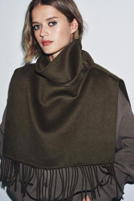 ZARA КОРОТКАЯ НАКИДКА ИЗ ШЕРСТИ С БАХРОМОЙ, ХАКИ