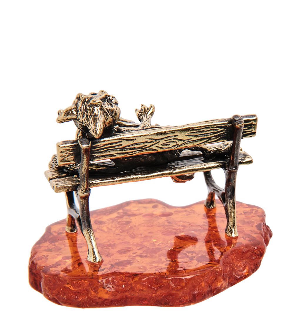 Народные промыслы AM-3145 Фигурка «Кот с гитарой на скамейке» (латунь, янтарь)