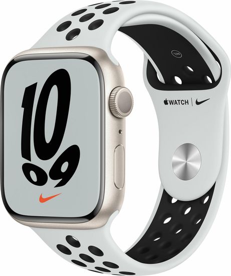 Apple Watch Nike Series 7, 45 мм, корпус из алюминия цвета «сияющая звезда», спортивный ремешок Nike цвета «чистая платина/чёрный»