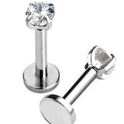 Лабрет 12 мм с круглым кристаллом 3 мм ( горный хрусталь) для пирсинга губы. Медицинская сталь.