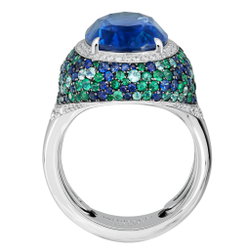 Кольцо с Сапфирами, Изумрудами, Турмалином Параиба и Бриллиантами, R0057-1/1