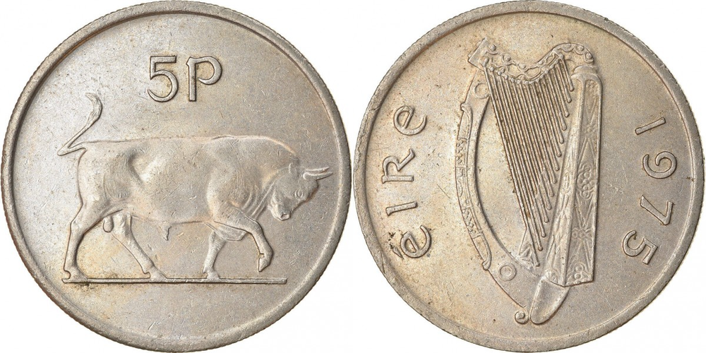 Ирландия 5 пенсов, 1969-1990 Бык XF
