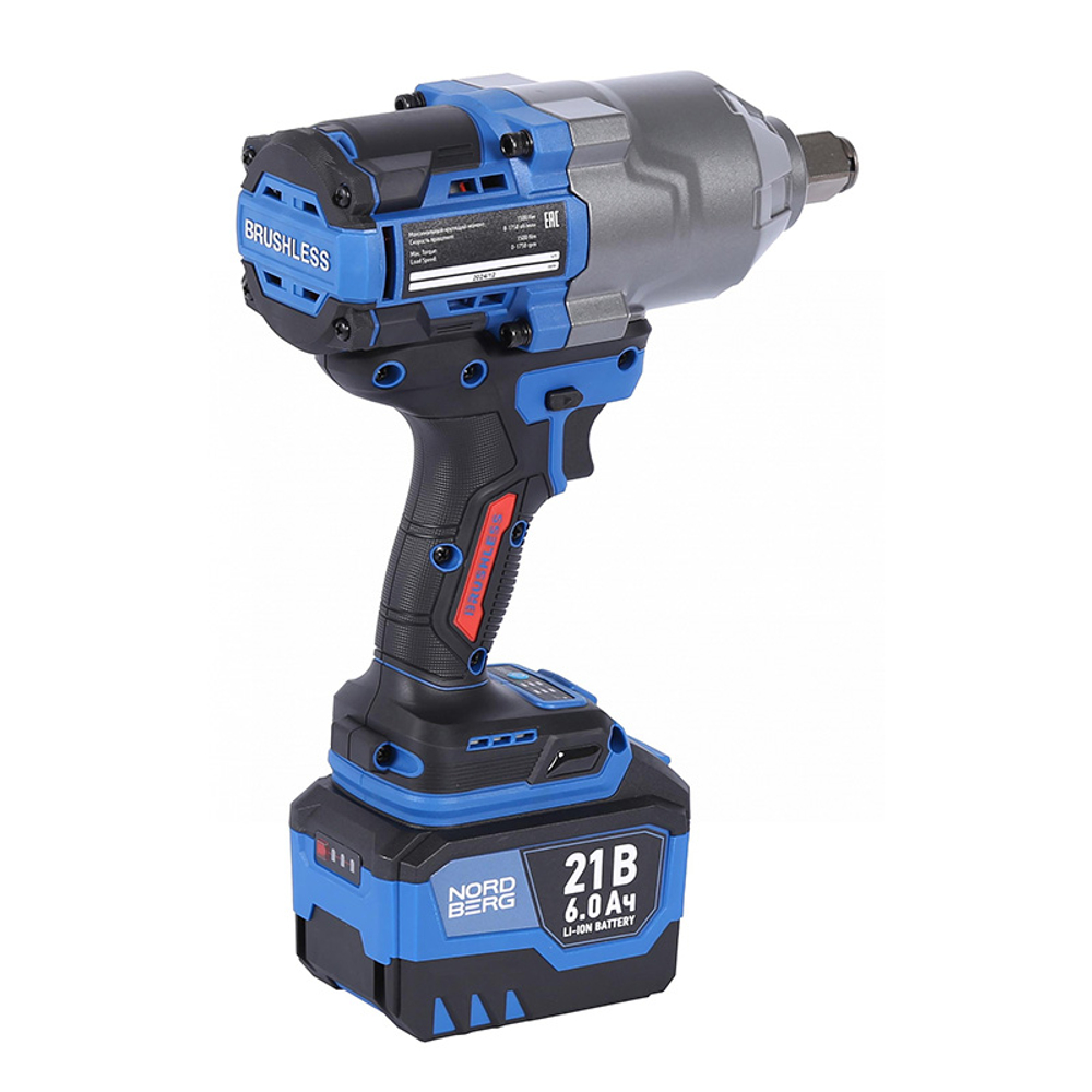 NORDBERG (NE806K-3/4) Гайковерт аккумуляторный, 3/4", 21 В, 1500 Нм, 2 аккумулятора 6 A и зарядное устройство, в кейсе
