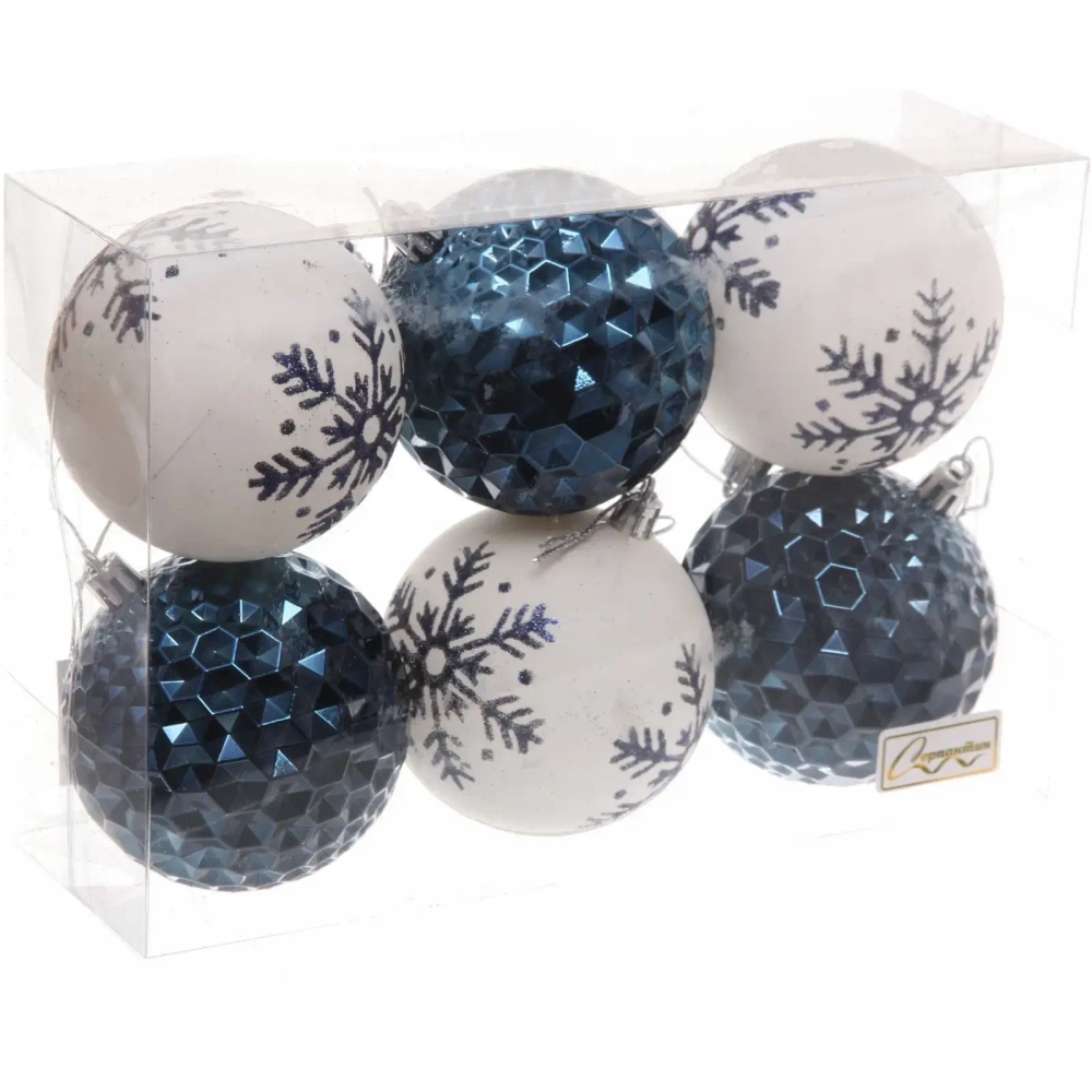 Набор шаров 8 см «Снежное сияние» (в наборе 6 шт), Сапфир/Белый