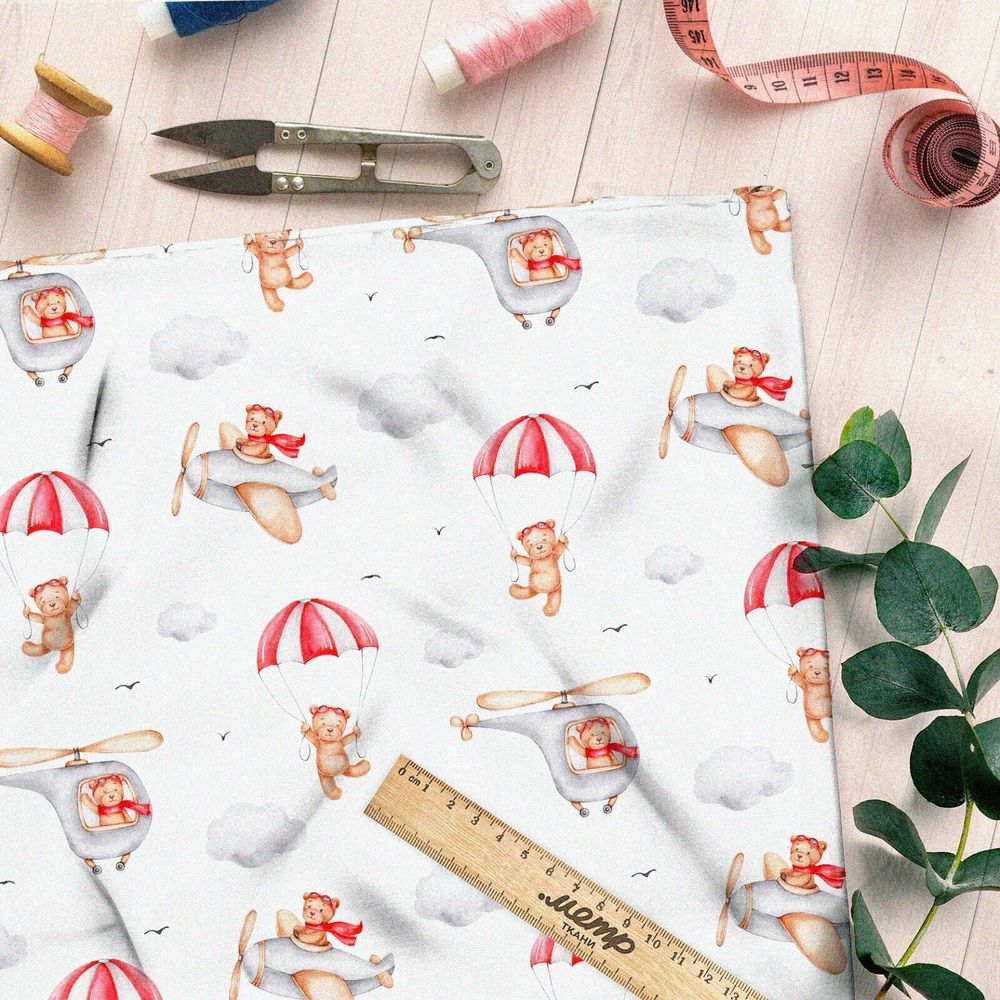 Ткань шифон мишки на самолёте и парашюте