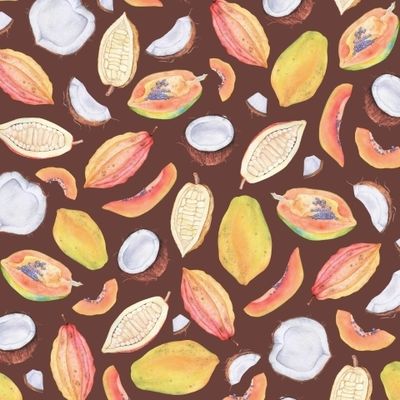 Папайя, какао и кокос: тропические фрукты акварелью