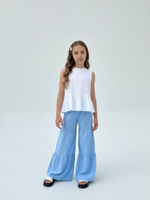 Костюм из льна: топ с баской и брюки палаццо «Фламинго», цвет брюк голубой