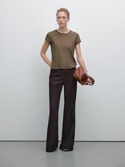 Massimo Dutti Футболка с окантовкой из кожи, кротово-коричневый