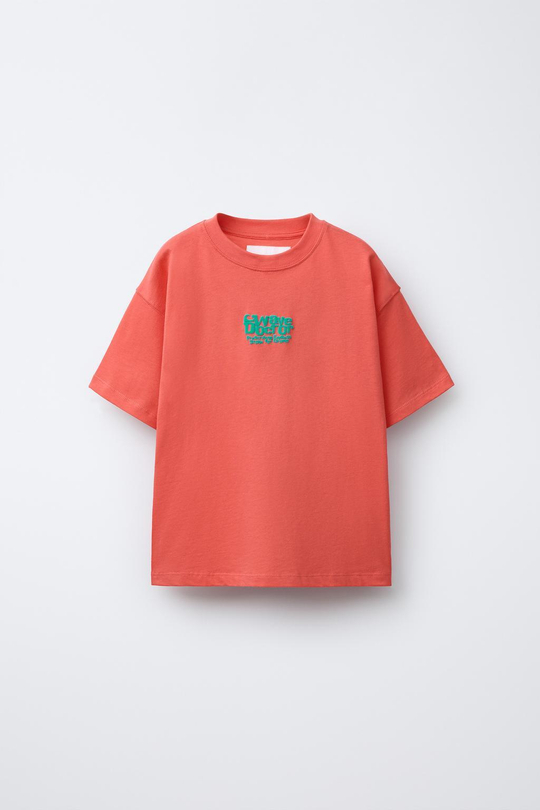 ZARA ФУТБОЛКА С РЕЛЬЕФНОЙ НАДПИСЬЮ, КОРАЛЛОВЫЙ