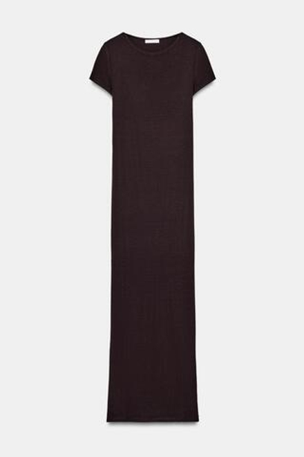 ZARA ДЛИННОЕ ПЛАТЬЕ С КОРОТКИМИ РУКАВАМИ, КОРИЧНЕВЫЙ