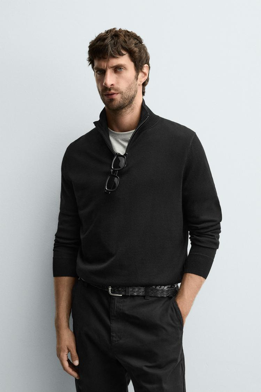 ZARA ШЕРСТЯНОЙ СВИТЕР С ВОРОТНИКОМ НА МОЛНИИ, ЧЕРНЫЙ
