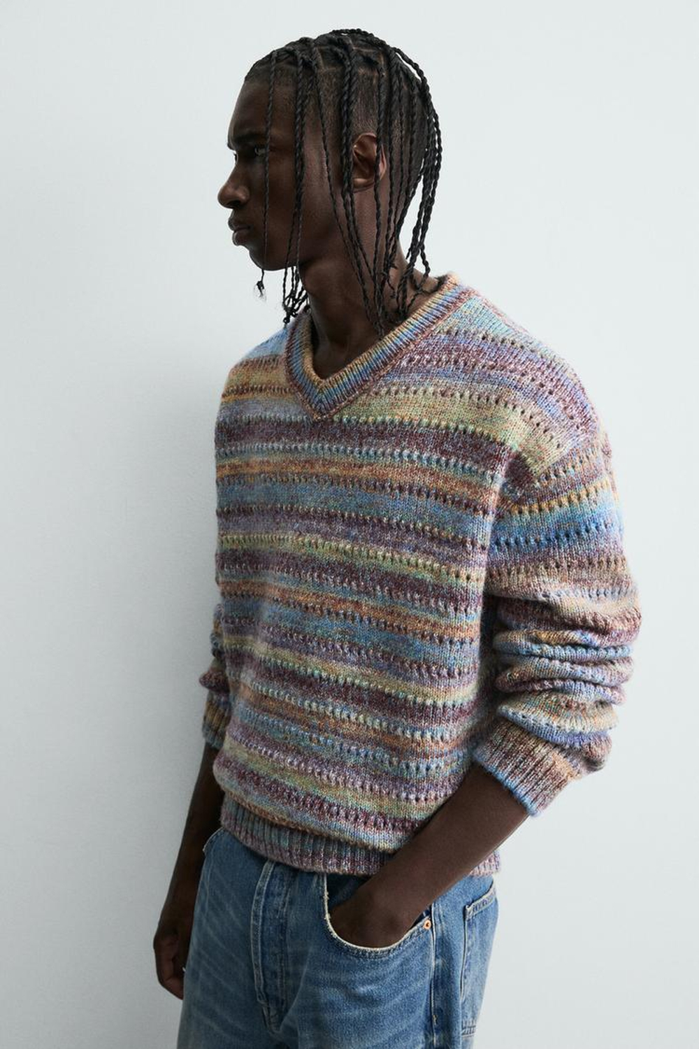 ZARA ДЖЕМПЕР В ПОЛОСКУ С АЖУРНОЙ ВЯЗКОЙ, РАЗНОЦВЕТНЫЙ