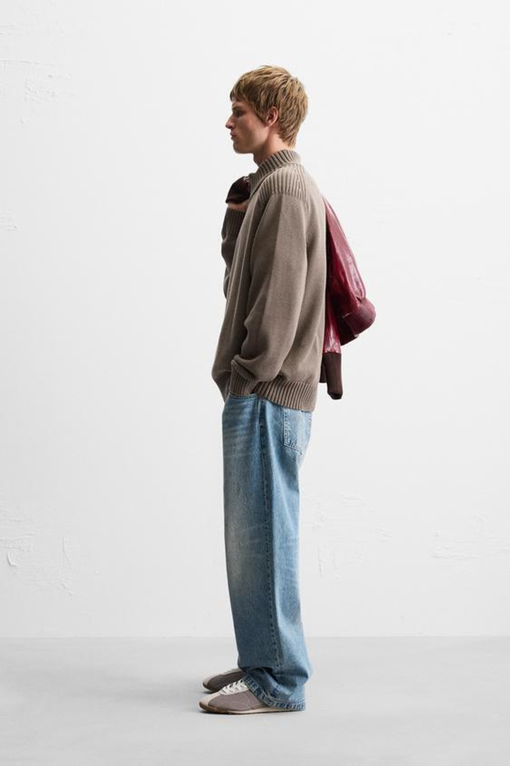 ZARA СВИТЕР С ВОРОТНИКОМ-СТОЙКОЙ И МОЛНИЕЙ, СЕРО-КОРИЧНЕВЫЙ