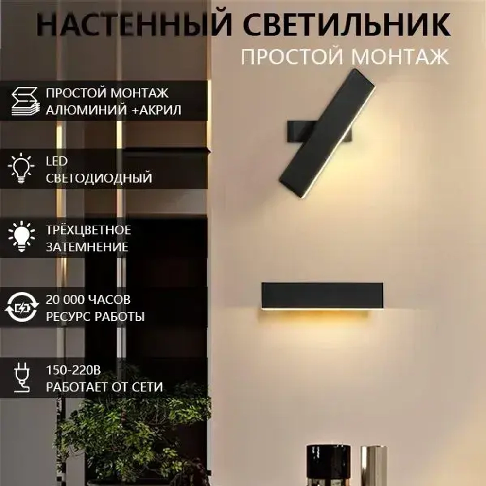 Светодиодный настенный светильник, трехцветный с затемнением, черный, крепежные винты