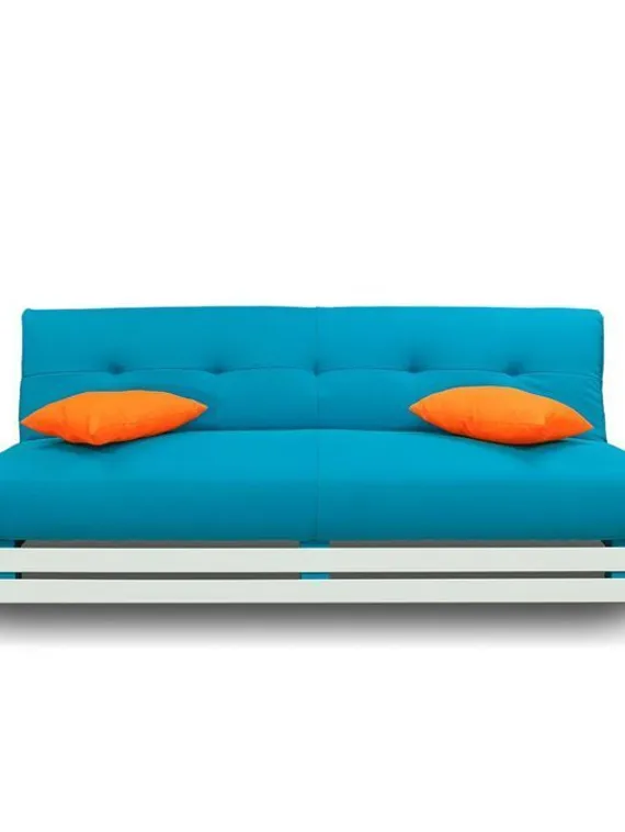 Диван «Манго 1», обивка бирюзовая, подушки оранжевые