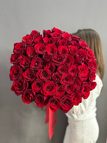 Букет из 51 красной розы сорта "Эксплорер" под ленту (Эквадор 60 см)