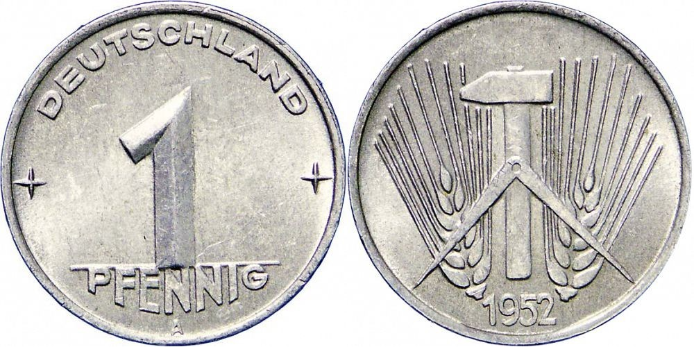 Германия - ГДР 1 пфенниг, 1952 A Молот XF
