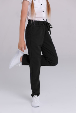 Брюки детские для девочки синие темно-синие школьные классика классические демисезонные прямые на резинке с поясом бананы