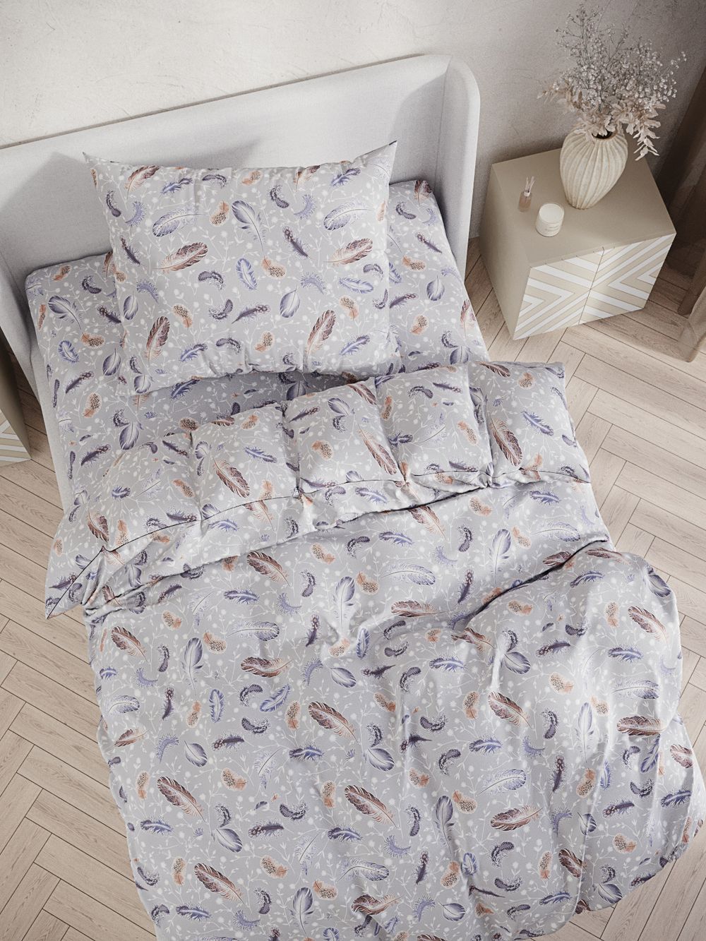 Постельное белье перкаль Сказка "Перышко" 1,5-сп Наволочка 50х70 см 1 шт Простынь на резинке 90x200 см Пододеяльник 145x215 см