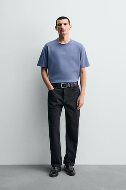 ZARA ХЛОПКОВАЯ ФУТБОЛКА С КОРОТКИМИ РУКАВАМИ, НЕФТЯНОЙ