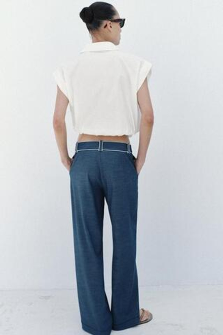 ZARA ШИРОКИЕ БРЮКИ С КОНТРАСТНЫМИ КАНТАМИ, СИНИЙ
