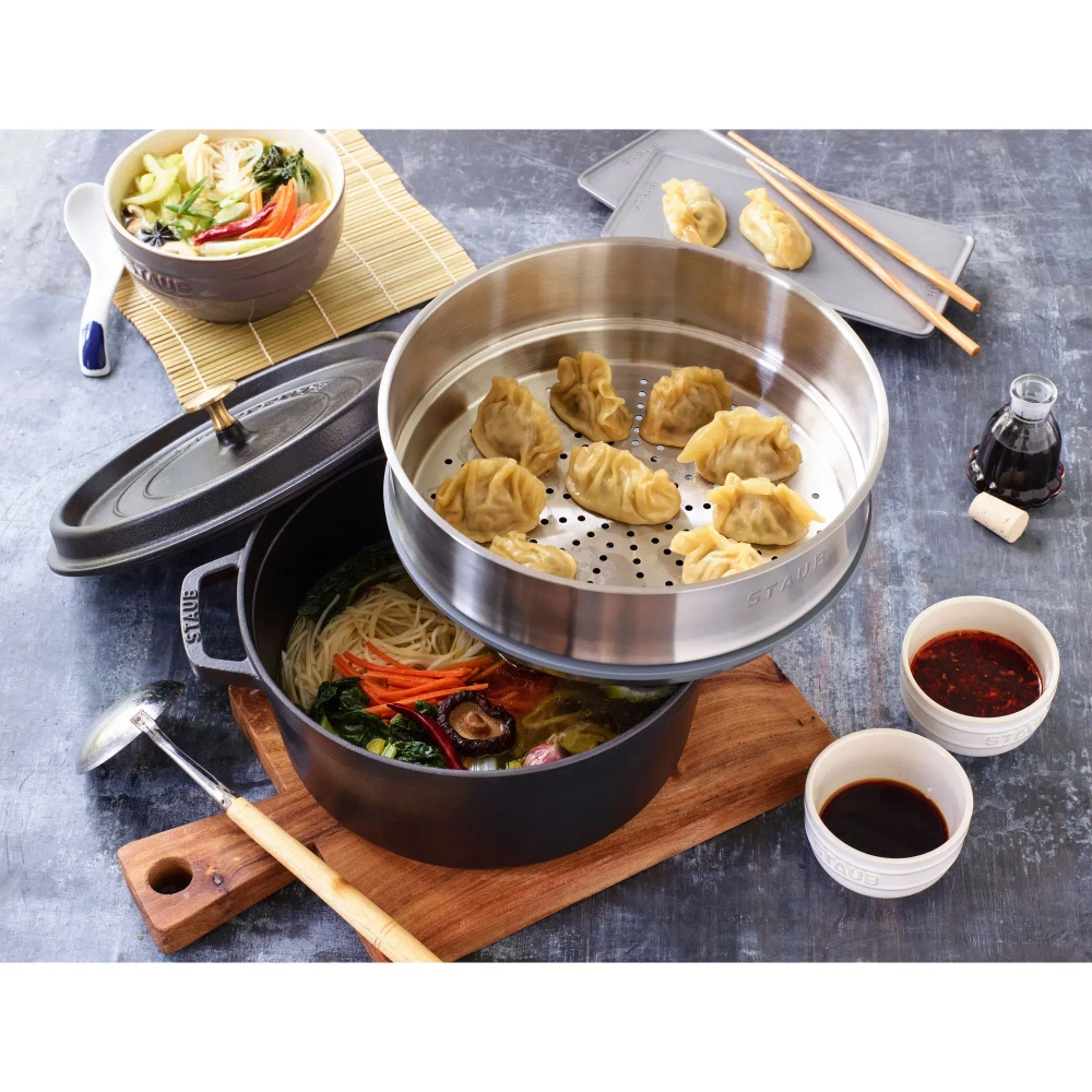 STAUB Чугунная кастрюля Cocotte 24 см 3,8 л со вставкой-пароваркой черная