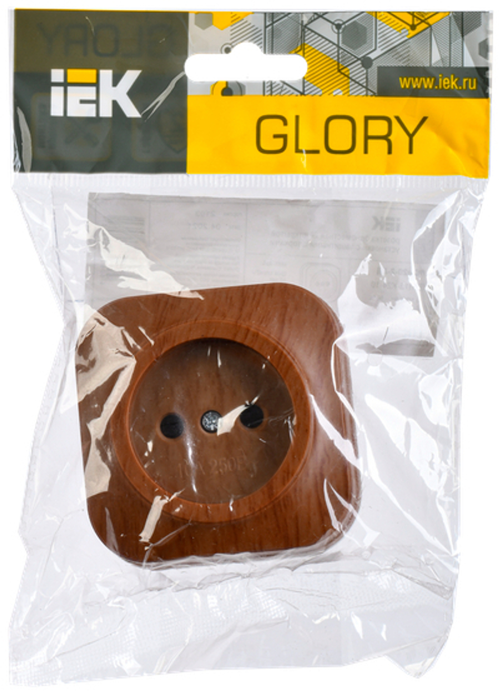 GLORY Розетка 1-местная для открытой установки без заземления без защитных шторок 10А РС20-2-ХД дуб IEK
