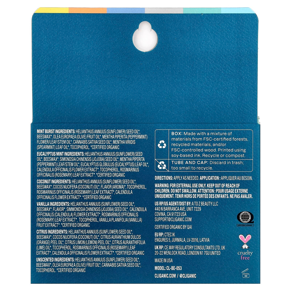 Cliganic, Набор органических бальзамов для губ, Rainforest Fresh, 6 упаковок по 4,25 мл (0,15 жидк. Унции)