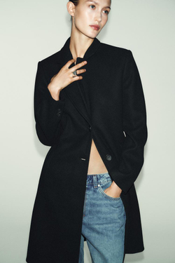 ZARA ПАЛЬТО С ПОДПЛЕЧНИКАМИ ИЗ МЯГКОЙ ТКАНИ, ЧЕРНЫЙ