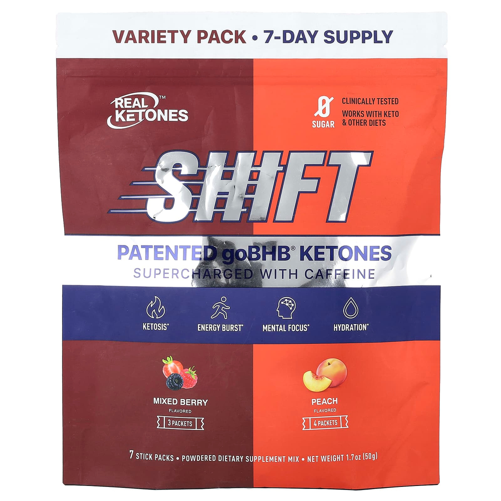 Real Ketones, Shift, заряженный кофеином, набор разных вкусов, ягодное ассорти, персик, 7 пакетиков по 7,3 г (0,26 унции)