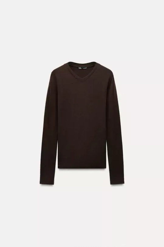 ZARA ФУТБОЛКА ИЗ МЯГКОЙ ТКАНИ С ДЛИННЫМИ РУКАВАМИ, ТЕМНО-КОРИЧНЕВЫЙ